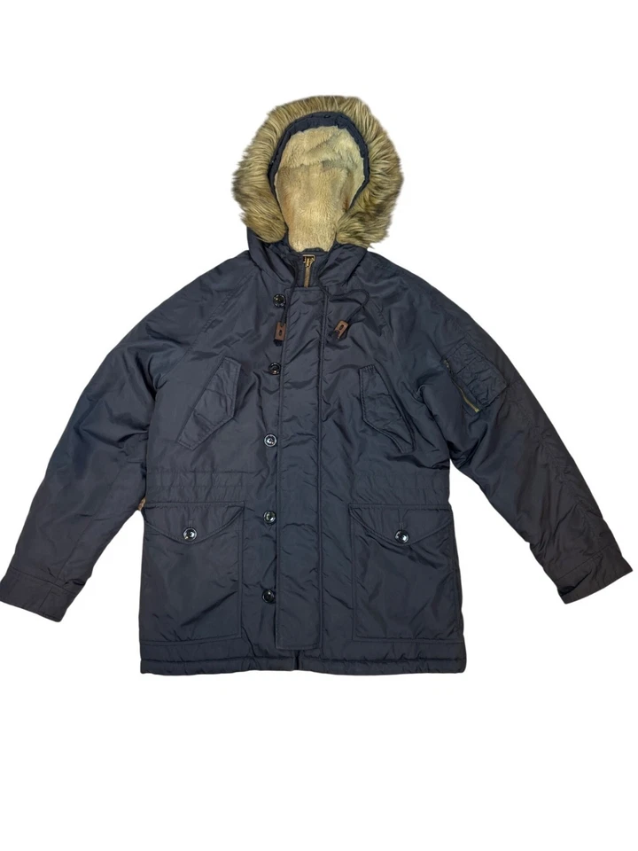 J. Crew Military Style Winter Parka Sherpa Snorkel Hood Faux Fur Trim Navy Blue - Image 3 of 4