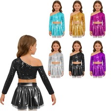 Kids Girls Dancewear Hip Hop Set Shiny Outfits Sequins Costume Theme Party Jazz