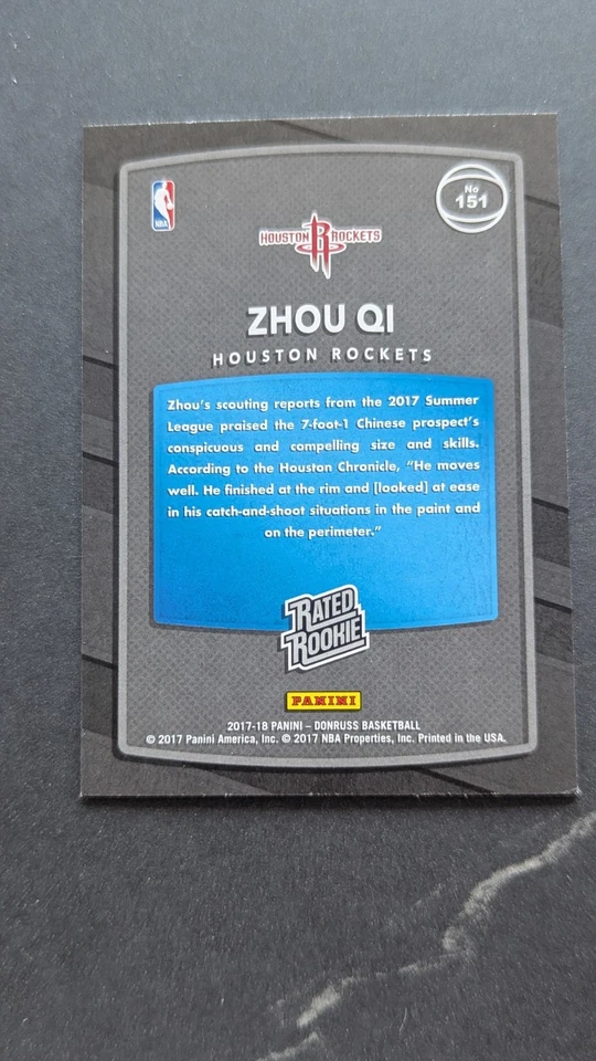 2017-18 Panini Donruss Rated Rookie Zhou Qi Rockets RC - Image 2 of 2