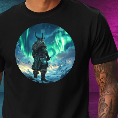 Mens Viking Northern Lights Print Cotton T-Shirt Size XS to 5XL