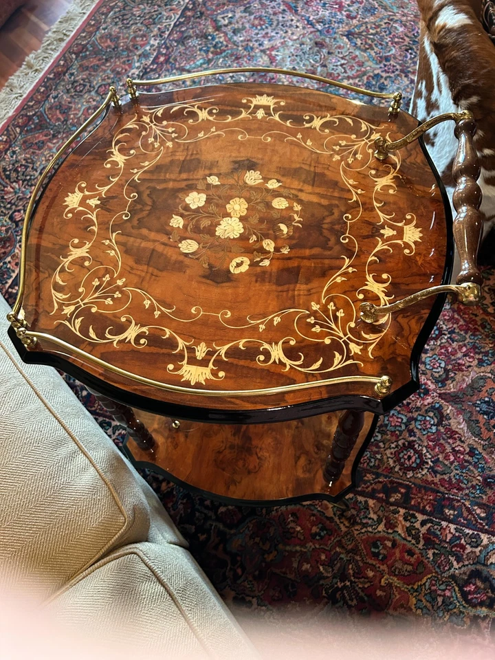 Italian Rosewood Marquetry Bar Tea Dessert Cart 2-Tier 8-Sided Trolley - Image 2 of 4