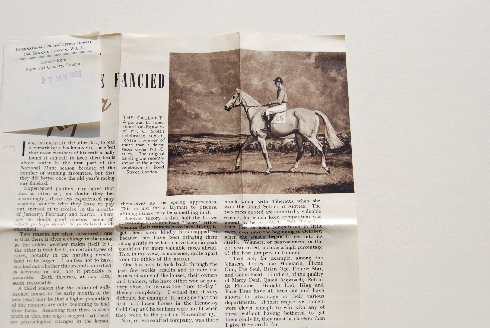 1959 HORSE RACING PRESS CUTTINGS THE CALLANT, OXO, MR WHAT, NEJI