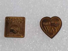 Lot of 2 Vintage United Way Gold Metal Pinback My Caring Counts & Heart Shape