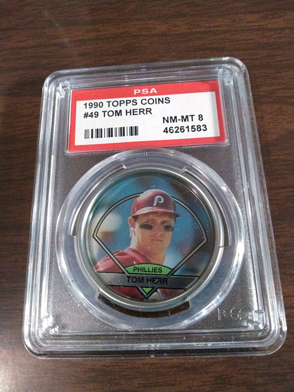 1990 Topps Coins #49 Tom Herr Phillies graded PSA 8 NM-MT Pop. 2