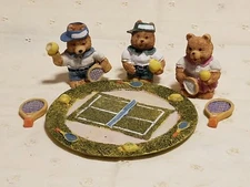 8 PIECE RESIN MINIATURE DECORATIVE TEA SET BEARS PLAYING TENNIS