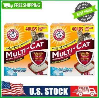2 Box Arm & Hammer Multi-Cat Superior Odor Control Clumping Cat Litter, 40lb Box