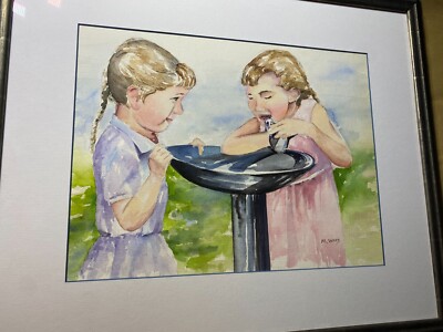 M Ward ''Two Girls By Water Fountain Scene'' Watercolor Painting - Signed/Framed