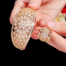 Yellow Gold Plated Wedding Wide Bangle and Ring Set Women Cubic Zirconia Jewelry