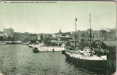 #ad Seattle Washington Pier Water Front Paddle Boat and Schooner 1908 Postcard W18 $8.95