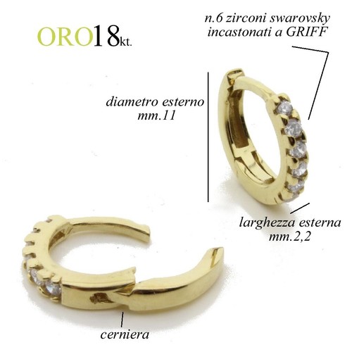 mono orecchino uomo donna ORO 18kt. cerchio anello zirconi swarovsky lobo trago - Picture 11 of 17