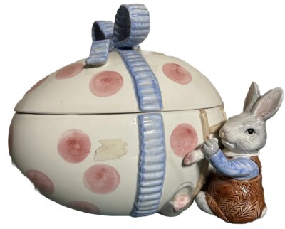   Fitz & Floyd Rabbit Bunny Easter Egg Trinket Box/ Bowl W Lid Rare Find 1990