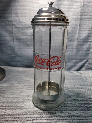 VINTAGE /CIRCA 1992 COCA-COLA DINER STYLE GLASS & CHROME STRAW DISPENSER /...