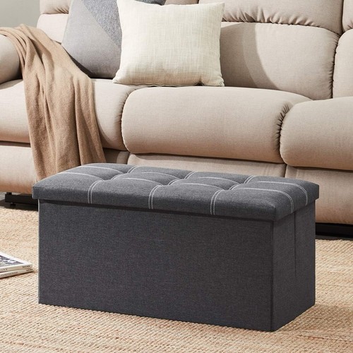 Folding Ottoman Grey Linen Fabric Storage Bench 15x30 Inches Footrest - Picture 4 of 11