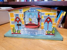 NICE VINTAGE 1950's  J. CHEIN TIN LITHO MECHANICAL PENNY A MEAL CHURCH BANK