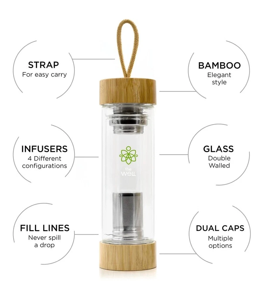 Botella jarra de té de vidrio con doble aislamiento con infusores, vaso de viaje de vidrio Foto 4 de 4