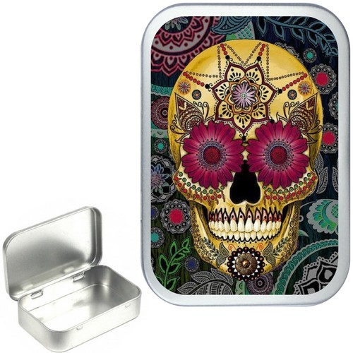 Diseño de calavera. Tabaco con bisagras plateadas de 1 oz y 2 oz lata Pequeño, lata de almacenamiento caja - Imagen 5 de 16