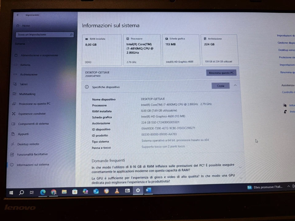 Notebook Lenovo Thinkpad T440p Intel Core i7 4800MQ 2,7GHz 8GB RAM 224 GB SSD - Immagine 2 di 4