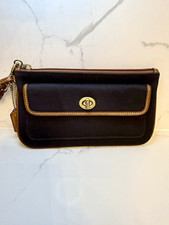Vintage Coach Black Fabric  Tan Leather Turn-lock Wristlet Pouch