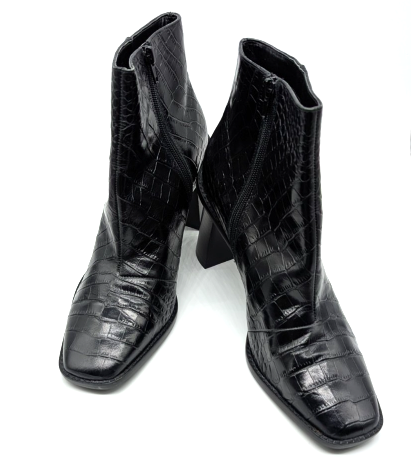 Gibson Latimer Black Embossed Croc Leather Ankle Boots Chic Heel Women’s 10M