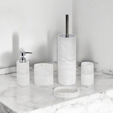 White Resin Bathroom 5 Piece Accessory Set Soap Tumbler Toothbrush Dispenser