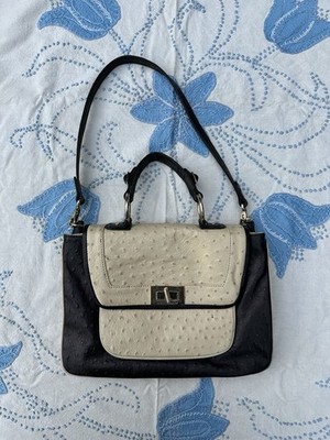 Rebecca Minkoff Ostrich Embossed Black Beige Satchel with Turn Lock