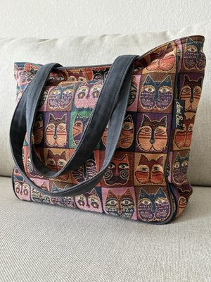 Laurel Burch Woven Tapestry Tote Bag Zipper Closure Colorful Cat Faces