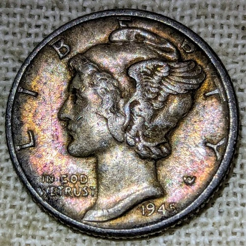 1945 Mercury Dime AU+ : Colorful Tone, Almost Uncirculated - .9 Fine Silver