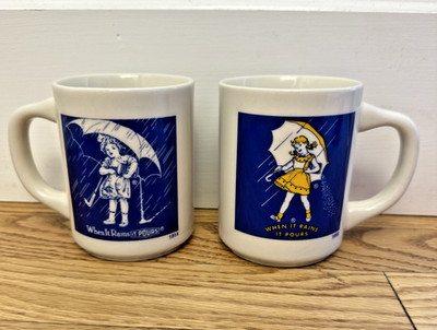 Morton Salt Advertising Mugs Set of 2 White Blue Yellow 1956 1914 READ
