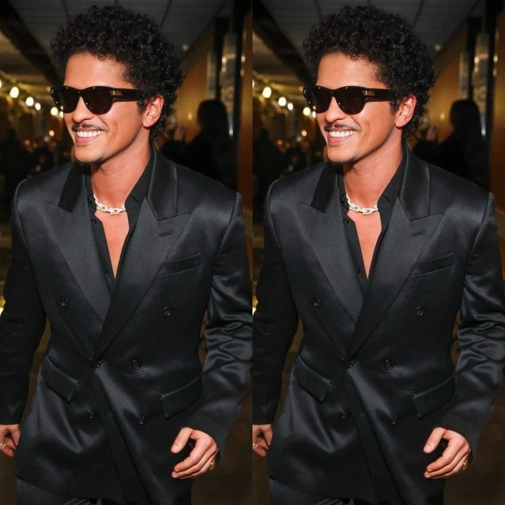 Black Silk Satin Men's Suits Peak Lapel Formal Dinner Party Prom Tuxedos Blazer