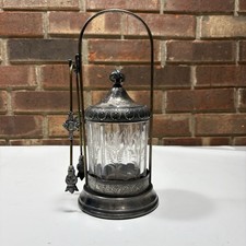 Victorian pickle castor silverplate floral pattern glass jar with tongs