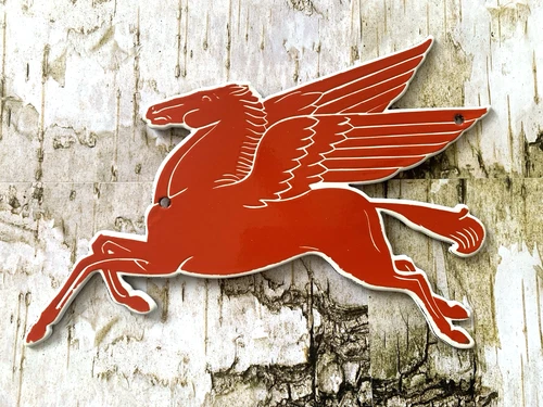 VINTAGE 12x9.5" MOBILGAS MOBILOIL RED PEGASUS PORCELAIN GAS PUMP STATION SIGN