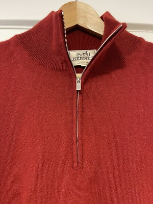 Hermes Long Sleeve 100% Cashmere Mens Quarter Zip Sweater Red Sz