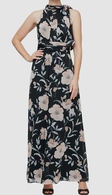 SLNY Womens' Black Floral Print Chiffon Metallic Evening Dress Petite Size  4P