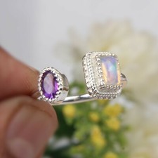 Amethyst and Opal Engagement Ring 925 Sterling Silver Adjustable Ring For Her