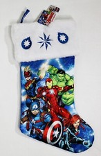 NWT MARVEL AVENGERS 18" LONG CHRISTMAS STOCKING SATINY BLUE w/ WHITE FUR TRIM