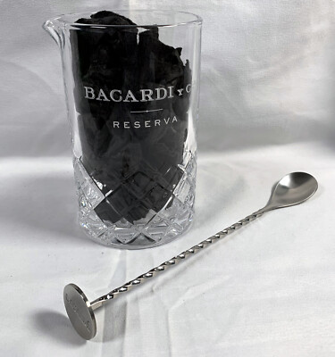 New Bacardi Reserva Ocho Rum Cut Glass Mixing Pitcher & Metal Cocktail Spoon