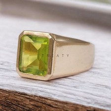 Peridot Emerald Cut With 14K Solid   Gold  Ring For Men's #A42