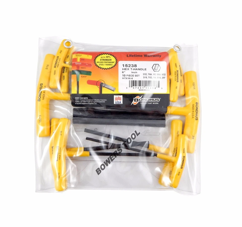 Bondhus 10pc 6in. T Handle Hex Wrench Set SAE Standard Inch 3/32-3/8in USA 15238 - Image 2 of 3