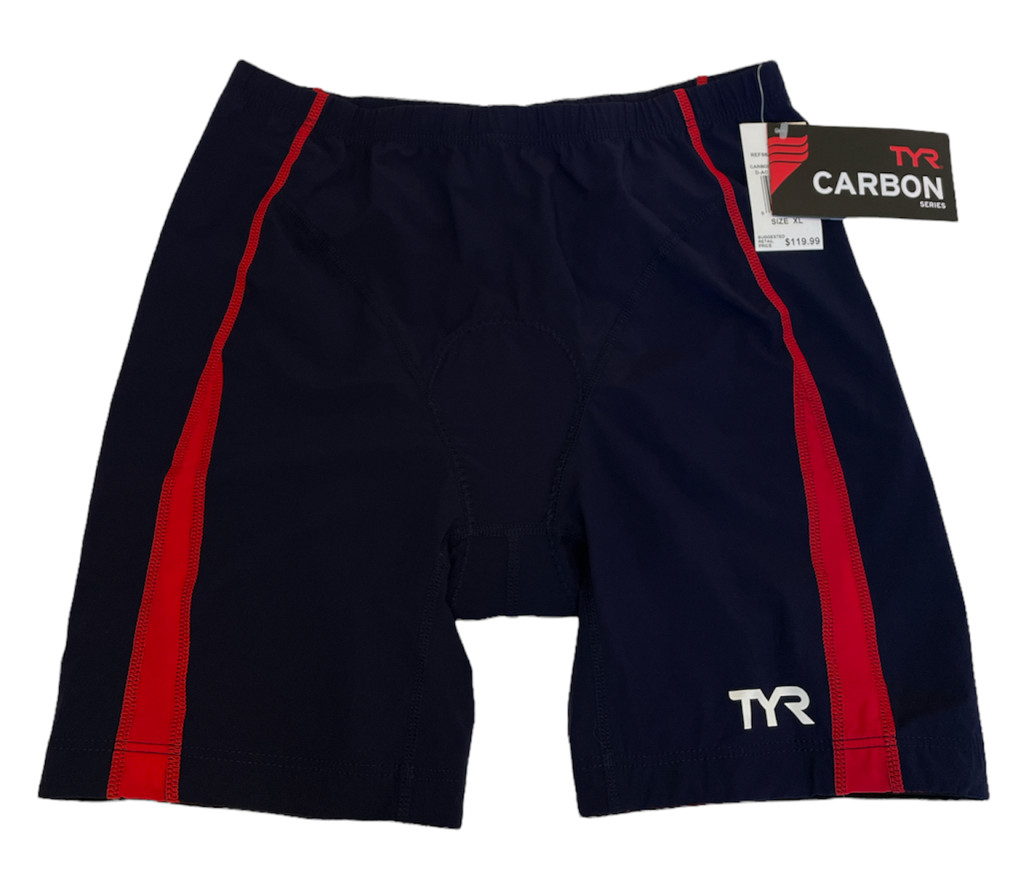 TYR Women's L Navy Red 6" Tri Bike Exercise CARBON Shorts Amp Pad USA Made New