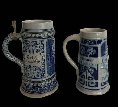 2 VTG Cobalt Blue Salt Glaze Stoneware German  Steins Prosit No Lids 6.25”-7.25”