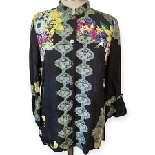 Citron Santa Monica Silk Button Shirt Blouse Medium Black Green Yellow Floral
