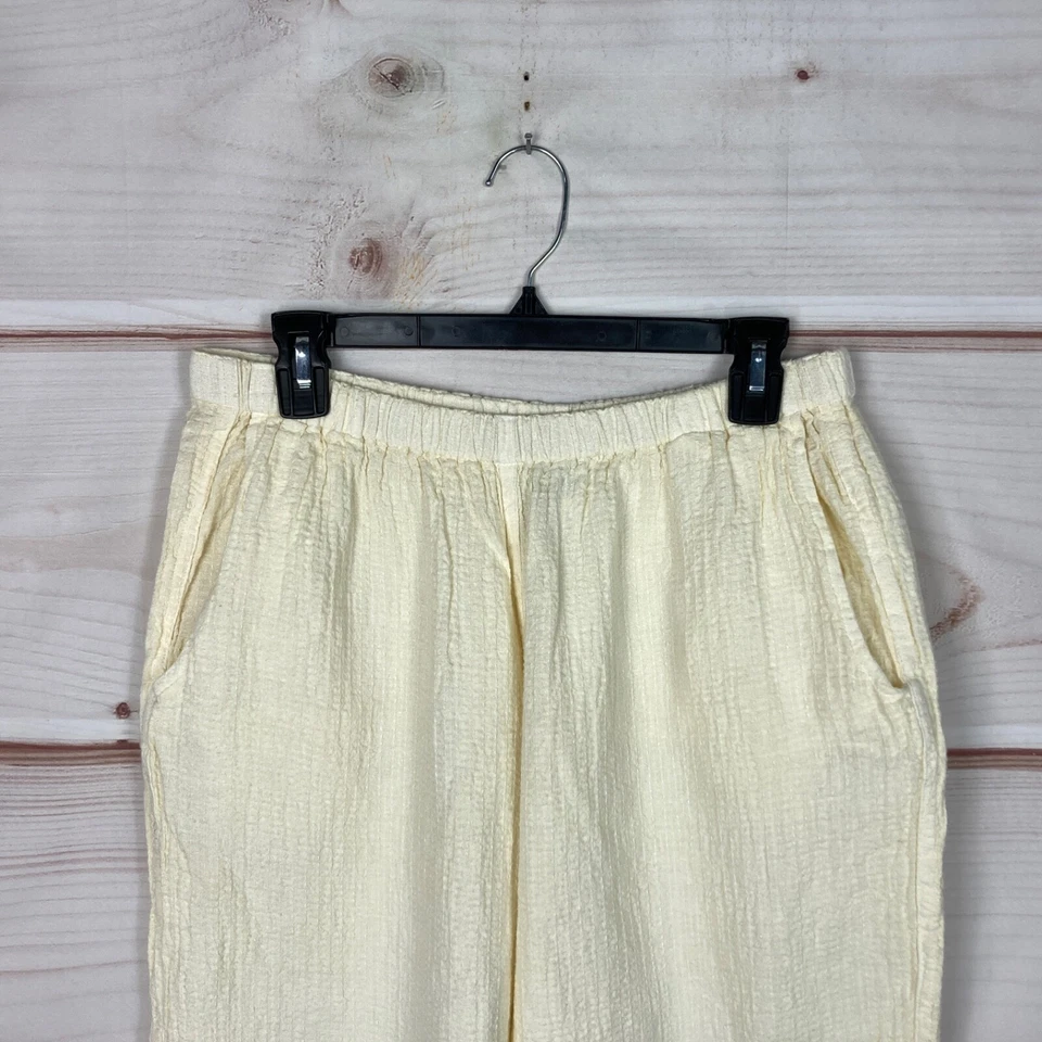 FLAX Pants Womens L Cream Linen Wide Leg Waffle Knit Elastic Waist Pull On Solid - Image 2 of 4