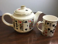 Vintage 1991 CBK LTD Casino Playing Cards Poker Teapot with Gold Trim RARE + Mug
