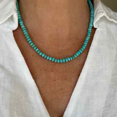 5mm Genuine Kingman Arizona Blue Green Turquoise Rondelle Beaded Boho Necklace