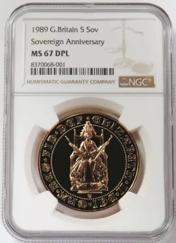 1989 GOLD GREAT BRITAIN ANNIVERSARY 5 POUND SOVEREIGN NGC MINT STATE 67 DPL