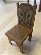Vintage Dollhouse Wooden High Back Chair  w/ Butterfly Design