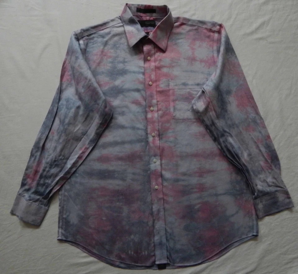Camisa Tie Dye Negra Rosa Rayas Manga Larga Abotonada - Grande Para Hombre Hecha a Mano Foto 4 de 4