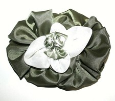 Vintage 80s Hair Clip Large Olive Green Bow White Center Green Flowers Ruffles