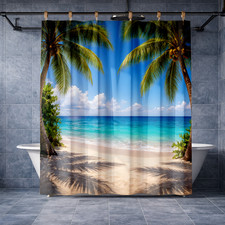 Oasis Beach Palm Trees Ocean View 72x72 Polyester Tropical Shower Curtain Art