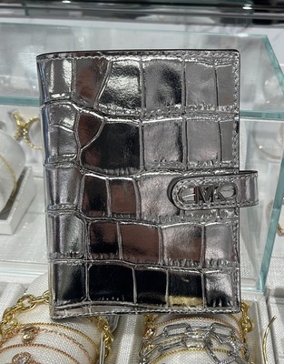 NWT MICHAEL KORS Empire Shiny Embossed Leather MD Tab Passport Wallet Pale NWT